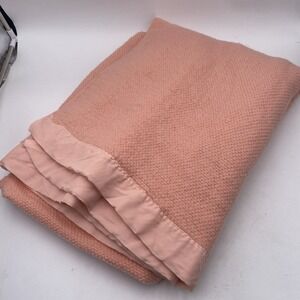 VTG Double Blanket Pink Waffle Weave Acrylic Satin Trim Made in USA 72x85